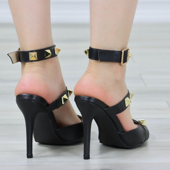 Black Pointed Toe High Heels Trendy Gold Studs Ankle Strap Stiletto's - Picture 12 of 13